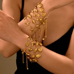 Women Adjustable Vintage Starfish Heart 18K Gold Plated Stainless Steel Fashion Charm Chain Link Bracelet Gift