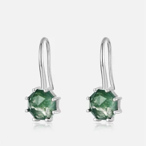 Women Agate Earhook S925 Silver Inlaid Green Mossy Stone Earring Drop Earrings