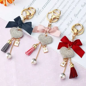 Women Bag Charm Car Accessory Cute Gift Perfume Bottle Heart Keychain Crystal Rhinestone Bling Bow Tassel Pearl Key Ring
