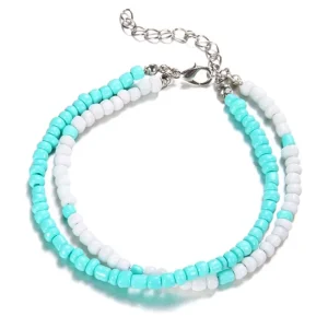 Women Beach Double Layers Stretchy Glass Seed Beads Turquoise and White Color Anklet Bracelet Handmade Fashion Jewelry