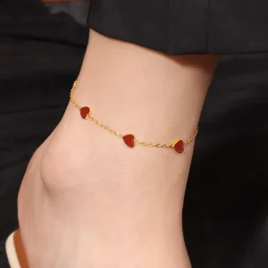 Women Beach Jewelry 18K Gold Plated Stainless Steel Non Tarnish Crooked Hearts Anklet