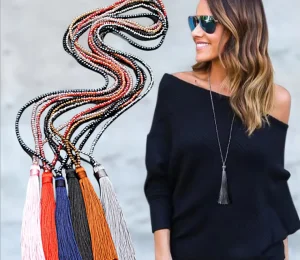 Women Bling Faceted Glass Crystal Beads Tassel Necklace Long Sweater Necklace Fashion Lady Crystal Tassel Costume Jewelry