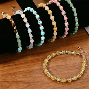 Women Bohemian Stone Beaded Bracelet With Stainless Steel Chain Natural Tiger Eye Turquoise Square Gemstone Fashion Jewelry