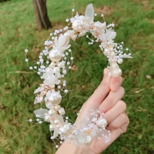 Women Bride Headband Hair Accessories New Pearl Flower Headband Handwoven Gold Leaf Children’s Headband for Wedding