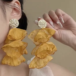 Women Chiffon Layered Long Tassel Flower Petal Earring Party Holiday Earring