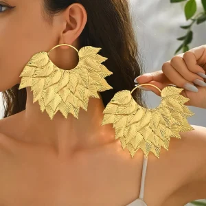 Women Chunky Silver Black Gold Plated Leaf Pendant Earrings Irregular Big Circle Large Earrings