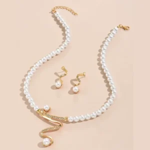 Women Classic Clavicle S shaped Pearl Earrings Necklace Gold Plated Chain Pakistani Bridal Pearl Jewelry Sets