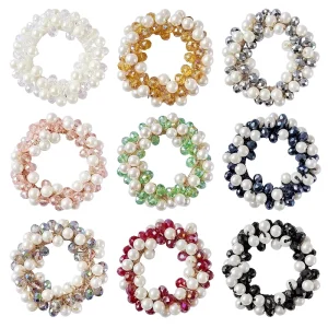 Women Colorful Crystal Pearl Beads Hair Ties Bracelet Elastic Hairband Scrunchies Hair Accessories