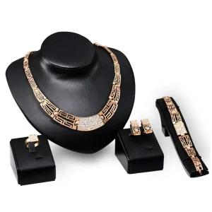 Women Costume Jewelry 18k Gold Wedding Bridal Earrings Ring Bracelet Choker Rhinestone Geometric Necklace Indian Jewelry Set