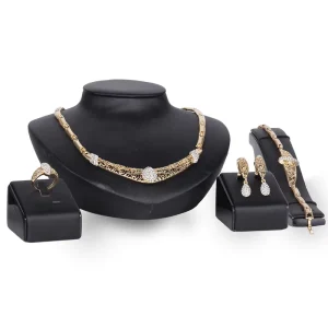 Women Costume Jewelry 18k Gold Wedding Bridal Earrings Ring Bracelet Choker Rhinestone Necklace Indian Jewelry Set