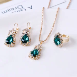Women Costume Jewelry Gold Wedding Bridal Earrings Ring Rhinestone Geometric Necklace Jewelry Set