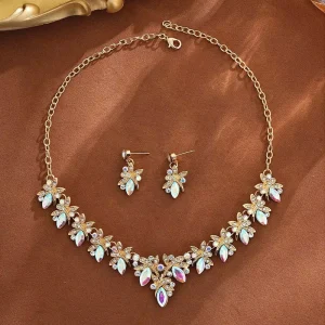 Women Costume Jewelry Red Marquise Rhinestone Floral Jewelry Set Crystal Flower Statement Necklace Earrings Wedding Party Bridal