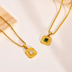 Women Crystal Charm Necklace Jewelry Accessories Fashion Gold Plated Stainless Steel Color Zircon Square Pendant Necklace