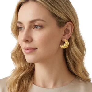 Women Daily 18K Gold Plated Diamond Moon Hammered Stainless Steel Trendy Fashion European American Stud Earrings