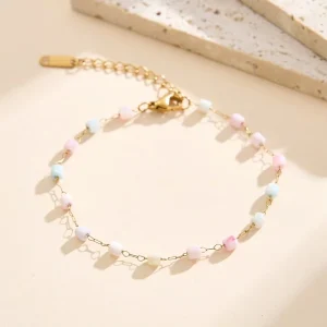 Women Dainty Cube Candy Color Beaded Bracelet 316L Stainless Steel Gold Plated Adjustable Chain Daily Fashion Jewelry