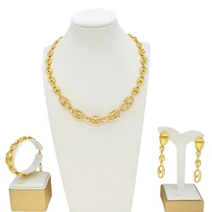Women Dubai Italian Style 24K Gold Plated Coffee Bean Chain Jewelry Set 3 Piece Statement Set for Bridal and Daily Wear