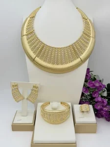 Women Dubai Style 24K Gold Plated Mesh Collar Jewelry Set 4 Piece Bridal Statement Set for Nigerian Weddings