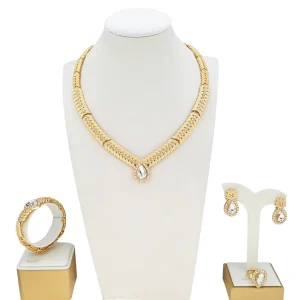 Women Dubai Style 24K Gold Plated Teardrop Rhinestones Jewelry Set Statement Set for Nigerian Bridal Weddings