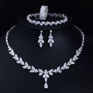 Women Earring Necklace Set Bridal Accessories Party Wedding Fashion Classic Jewelry Cubic Zirconia Copper Silver Plated Vintage