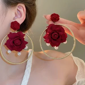 Women Engagement Trendy Exaggerated Red Rose Flower Geometric Gold Color Circle Pearl Drop Earrings
