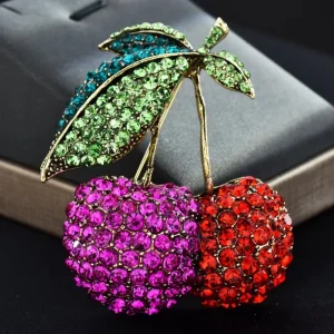 Women Exaggerated Fashionable Cherry Brooches Full Rhinestones Fruit Clothing Accessories