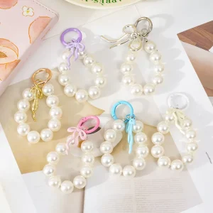 Women Fashion Beaded Pearl Wristlet Keychain Phone Lanyard Set Handmade Bead Bracelet Keyring Pendant Accessories