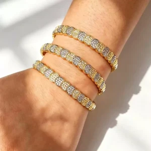 Women Fashion Copper Jewelry Two Tone Plated Cubic Zircon Coin Party Gift Stackable Hand Wrist Bangle Bracelet