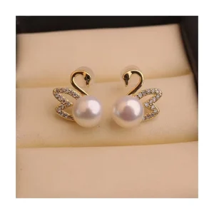 Women Fashion Design Modern Daily Wear Stud Earrings Micro Pave Crystal Diamond Pearl Hollow Swan Earring