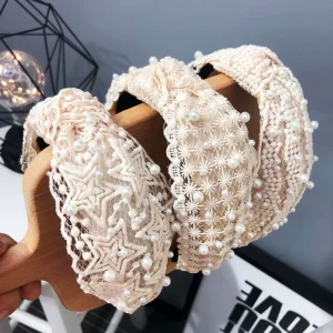 Women Fashion Hair Accessories Pearls Hair Hoop Elegant Knot Lace Pearls Hairband