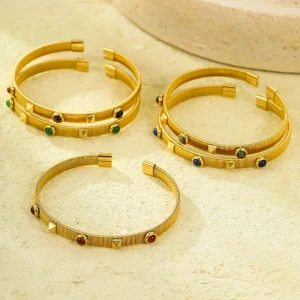 Women Fashion Jewelry 18k Gold PVD Stainless Steel Rivet Natural Stone Cuff Bangles Striped Snake Bone Elastic Bracelet