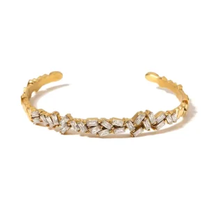 Women Fashion Jewelry Baguette Zircon Bracelet Bangle Pvd Gold Plated Stainless Steel Diamond Open Cuff Bangles