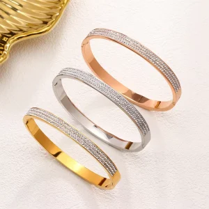Women Fashion Jewelry Full Crystal Luxury Bracelet Rhinestone Bangle Simple Stainless Steel Bangles