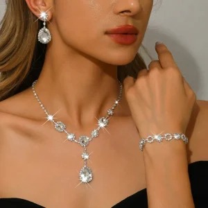 Women Fashion Jewelry Sets Shiny Luxury Rhinestone Elegant Earrings Bracelet Y-shaped Necklaces for Valentine’s Day Gift Set
