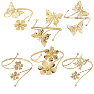 Women Fashion Metallic Jewelry Metal Alloy Butterfly Flowers Bracelets Cuff Arm Bangle Bracelets Armband