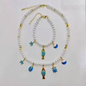 Women Fashion Neck Jewelry Conch Crystal Rhinestone Diamond Starfish Shell Pearl Beads Necklace and Bracelet