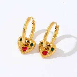 Women Fashion Personality Stainless Steel 18K Gold Plated Colored Enamel Zircon Heart Earrings