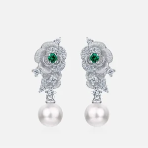 Women Fashion S925 Silver Emerald Flower Shell Pearl Drop Earrings for Anniversary High End Evening Wear Jewelry Gift