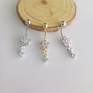 Women Fashion Stainless Steel Flowers Zircon Pendant Belly Ring Jewelry Navel Nail Body Piercing for Wedding