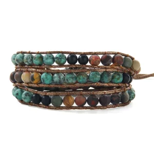 Women Festive Gifts Bohemian Customized Handmade Jewelry 6mm African Turquoise Unakite Natural Gemstone 3 Strand Wrap Bracelet