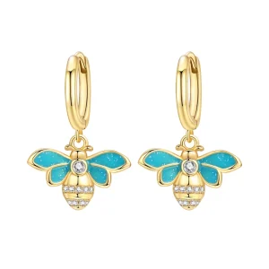 Women Fine Jewelry Alloy Silver Plated Turquoise Blue Enamel Bee Dangle Hoop Earrings Sparkling CZ