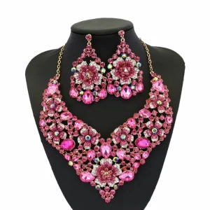 Women Floral Pink Statement Jewelry Set Sparkling Crystal Embellished Necklace & Earrings