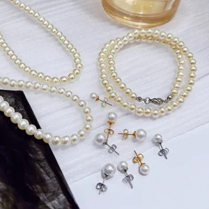 Women Freshwater Pearl Jewelry Necklace Bracelet Stud Earring Set Stainless Steel 8mm Silver Pearl Chain Bead Necklace