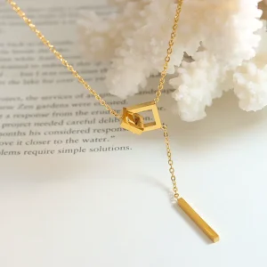 Women Geometric Jewelry Fashion Hollow Out Square Necklace Chain Vertical Bar Pendant Tassel Clavicle Chain Adjustable Necklaces