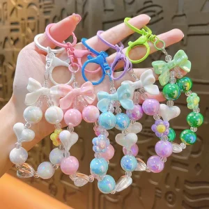 Women Girl Bag Car Pendant Charms Gift Accessories Colorful Acrylic Beaded Key Chains Wristlet Lanyard Keyring