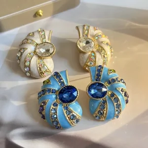 Women Girls Fashion Vintage Enamel Conch Crystal Earrings Accessories Elegant Lady Party Banquet Classic Exquisite Jewelry