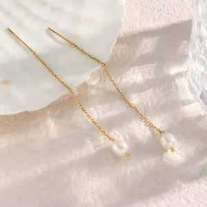 Women Girls Statement Pearl Drop Earrings Long Chain Light Luxury Anti Tarnish 316L 18K PVD Jewelry