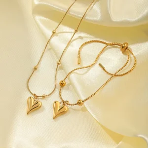 Women Gold Plated 3D Heart Pendant Jewelry Set 316 Stainless Steel Necklace & Adjustable Bracelet