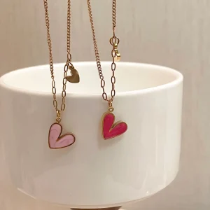 Women Gold Plated Double Heart Charm Necklace 316L Stainless Steel Mixed Cable Paperclip Chain Pendant