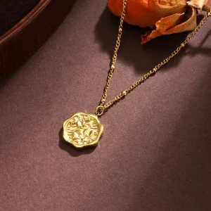 Women Gold Plated Embossed Lily Flower Wavy Coin Pendant Necklace 316L Stainless Steel Bead Cable Chain Jewelry