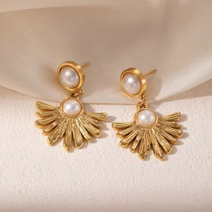 Women Gold Plated Freshwater Pearl Star Sun Spiral Dangle Earrings 316L Stainless Steel Fashion Drop Charm Ear Jewelry
